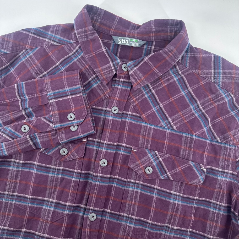 Stio Shirt Mens 2XL XXL Purple Plaid Organic Cotton‎ Western Flannel Button Up